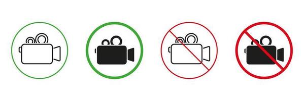 Notice Recording Video Area Red and Green Warning Signs. Video Camera Recording Area Line and Silhouette Icons Set. Allowed and Prohibited Video Camera Zone Pictogram. Isolated Vector Illustration.