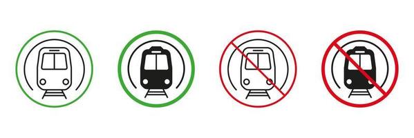 Metro Red and Green Road Warning Signs. Public Subway, Underground Station. Railway Transportation Permit and Not Allowed Signs. Train Line and Silhouette Icons Set. Isolated Vector Illustration.
