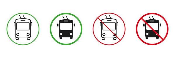 Trolleybus Line and Silhouette Icons Set. Trolley Bus Red and Green Road Signs. Permit and Not Allowed City Electric Transportation Symbol Collection. Isolated Vector Illustration.