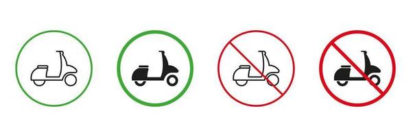 Moped Delivery Red and Green Road Warning Signs. Scooter Permit and Not Allowed Transportation Traffic Signs. Fast Motorcycle, Motor Bike Line and Silhouette Icons Set. Isolated Vector Illustration.