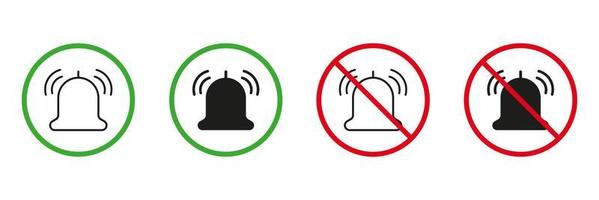 Ring Bell Red and Green Warning Signs. Loud Volume Area Line and Silhouette Icons Set. Allowed and Prohibited Silent Zone Pictogram. Notice Notification Off. Isolated Vector Illustration.