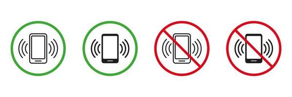 Mobile Phone Call Red and Green Warning Signs. Cell Phone Zone Line and Silhouette Icons Set. Allowed and Prohibited Area for Use Smartphone Pictogram. Isolated Vector Illustration.