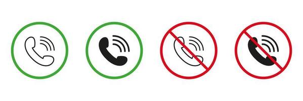 Handset Call Red and Green Warning Signs. Receive Incoming Calls on Mobile Phone Line and Silhouette Icons Set. Allowed and Prohibited Talk Area Pictogram. Keep Silence. Isolated Vector Illustration.