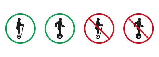 Gyro Scooter, Monowheel Silhouette Icons Set. Allowed and Prohibited Danger Transport Pictogram. Electric Unicycle Hoverboard Gyroscooter Red and Green Signs. Isolated Vector Illustration.