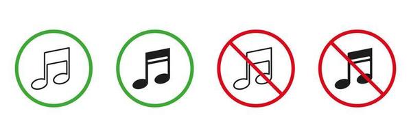 Music Area Red and Green Warning Signs. Silence Zone, Musical Note Line and Silhouette Icons Set. Allowed and Prohibited Place for Sing Music Pictogram. Isolated Vector Illustration.