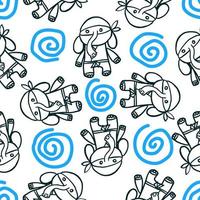 Elephant ninja. Vector seamless pattern in outline doodle style isolated on white background.