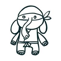 Elephant ninja. Vector illustration in outline doodle style isolated on white background.