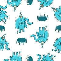 Happy elephant bouncing on trampoline. Vector seamless pattern in cartoon flat style isolated on white background.