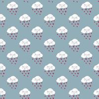 Lovely pattern with kawaii smiling clouds and hearts rain. Hand drawn vector illustration in retro colors. Cute background for romantic party, valentines.