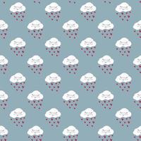 Lovely pattern with kawaii smiling clouds and hearts rain. Hand drawn vector illustration in retro colors. Cute background for romantic party, valentines.