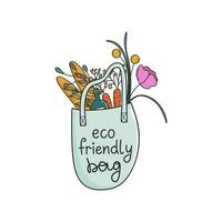 Eco friendly bag with purchases. Reusable shopper. Ecology, sustainable lifestyle,  plastic free concept. Hand drawn doodle style vector illustration.