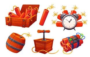 Cartoon tnt and barrel game ui icon set in vector