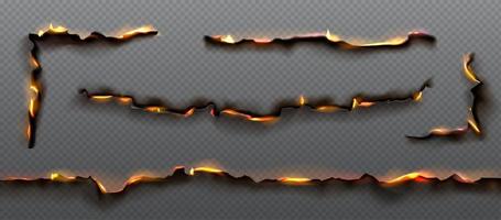 fuego, naranja fuego en quemado papel bordes vector