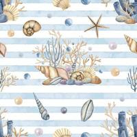 Seamless watercolor Pattern with Seashells, coral reefs and bubb vector