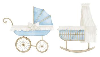 Baby Pram and Cradle. Hand drawn watercolor illustration of Stroller and Crib on isolated background. Set for childish shower greeting cards or invitations in pastel blue and beige colors. Kid Buggy vector