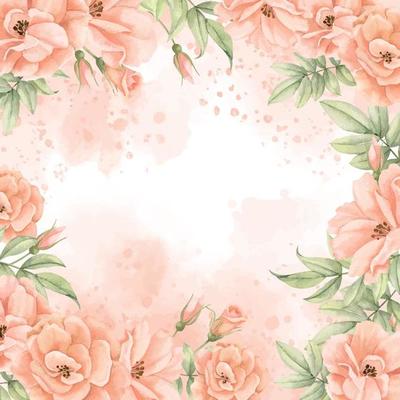 Watercolor Floral Frame with Rose Flowers in peach and pink colors. Hand drawn square Template for wedding invitation or greeting cards. illustration on isolated background. Botanical vintage Border