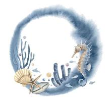 Round Frame of Marine animals and Shells. Wreath with Underwater objects on isolated background. Hand drawn undersea watercolor illustration with Seashells, seahorse and coral reefs for icon or logo vector