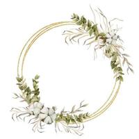 Circle Wreath with Cotton flowers and Eucalyptus branches. Hand drawn watercolor round Frame with golden texture on isolated background for greeting cards or wedding invitations in pastel colors vector