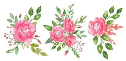 Watercolor Rose Flowers. Hand drawn floral set of pink bouquet with green leaves on isolated background. Botanical illustration for greeting cards or wedding invitations. Spring composition vector