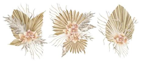 boho flores mano dibujado conjunto de acuarela floral ilustraciones con seco palma hojas y orquídeas en aislado antecedentes en bohemio estilo. tropical ramos de flores para saludo tarjetas o invitaciones vector