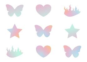 y2k trendy gradient sticker set, butterfly, star, heart, 90s and 2000s style, nostalgia, glamorous, vector illustration