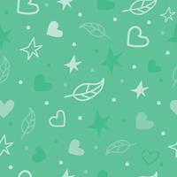 Delicate mint seamless pattern for fabric, cover, postcard, packaging. Gentle vector design background with hearts, stars, leaves.