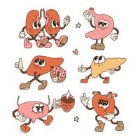 Retro cartoon style internal organs characters set. Groovy vintage isolated design element vector illustration. Kidneys, stomach, liver, pancreas, bladder, heart mascots.