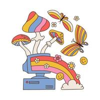 Old retro vintage hipster computer, pc with monitor from 70s, 80s, 90s with mushrooms, rainbow, flowers and butterflies. Hand drawn isolated Vector illustration. Hippie psychedelic sticker concept,