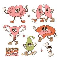 Cute smiling human healthy strong organ chsracters set. Vector retro cartoon illustration Isolated on white background. Brain, lungs, intestine,uterus organ, bone and gallbladder mascots.