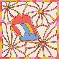 Retro groovy opened mouth with rainbow colored tongue sticking out ended by cloud. Hippy red open lips psychedelic poster with daisy flowers. Vintage positive hippie banner. Trendy y2k vector pop art