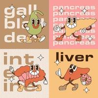 Human organs banners Set of liver, intentine, gallbladder, pancreasin in trendy retro cartoon style. Square cards with text, organism parts. Elements with internal organs of digestive system. Vector