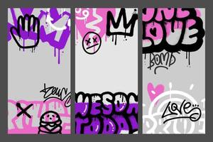 Set of graffiti poster or stories backgounds. Street art with splashes of paint, inscriptions, copy space for text. Covers Design in style of grunge wall decorations on gray background. Vector eps10