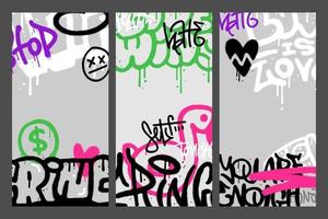 y2k urban graffiti art posters set or phone screen size background design collectoin with colorful tags, signs. Hand drawn abstract sprayed illustration vector illustration in street art style.