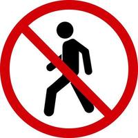 Sign is no pedestrian. Prohibition sign, no pedestrian crossing. Red crossed circle with a silhouette of a man inside. It is not allowed to go over. Round red stop sign, do not cross road. vector