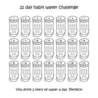 Vector template of water tracker with bottlles. 21 days habit water challenge. Doodle printable planner for healthy style of life, drinking water. Praise yourself