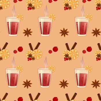 Pattern with hot wine and oranges, berries and cinnamon on light background. Vector. Seamless pattern. EPS10 vector