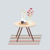 Tea table with candles, vase with flwers and carpet vector