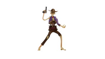 3D illustration. Amazing Skull Cowboy 3D Cartoon Character. Skull Cowboy stood up while spreading his legs. Skull Cowboy raised his gun up and showed a ferocious expression. 3d cartoon character png