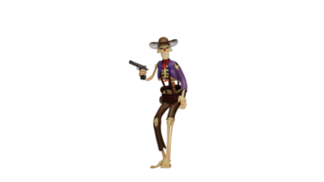 3D illustration. Strong Skull Cowboy 3D Cartoon Character. Skull Cowboy held a gun in one hand. Skull Cowboy keeps an eye on the state of the neighborhood. 3d cartoon character png