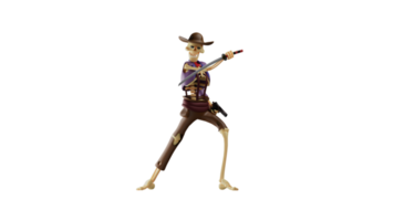 3D illustration. Deadly Skull Cowboy 3D Cartoon Character. Skull cowboy carried a longsword and a gun in each hand. Skull Cowboy attacks his opponent and looks very scary. 3d cartoon character png