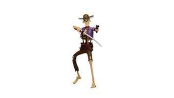 3D illustration. Skull Cowboy 3D Cartoon Character. The scary Skull Cowboy is ready to finish off his enemies. Skull Cowboy pointed his gun forward while carrying his sword. 3d cartoon character png