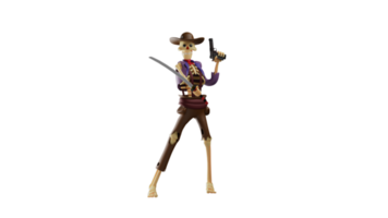 3D illustration. Handsome Skull Cowboy 3D Cartoon Character. Skull Cowboy shot his gun up. Skull Cowboy was holding a sword and was ready to swing it forward. 3d cartoon character png