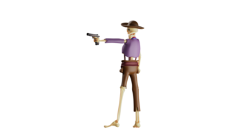 3D illustration. Decisive Skull Cowboy 3D Cartoon Character. Skull Cowboy facing back while aiming his gun at his enemy. Skull Cowboy is ready to take down the enemy. 3d cartoon character png