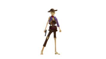 3D illustration. Dashing Skull Cowboy 3D Cartoon Character. Skull Cowboy looked at his enemy fiercely and carrying a revolver in one hand. Skull Cowboy prepare to fight the enemy. 3d cartoon character png