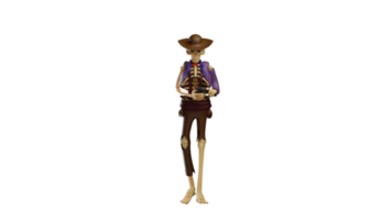 3D illustration. Skull Cowboy 3D Cartoon Character. Skull cowboy holding gun. Skull cowboy looked down and examined the gun he was carrying carefully. 3d cartoon character png