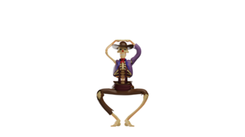 3D illustration. Weird Skull Cowboy 3D Cartoon Character. Skull Cowboy crouching pose and placing his hands above his head. Skull Cowboy smiled sweetly. 3d cartoon character png
