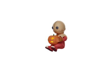 3D illustration. Sweet Trick r Treat 3D Cartoon Character. Trick r Treat sits with a pumpkin in his lap. Trick r Treat looks so cute when he look at the pumpkin. 3d cartoon character png