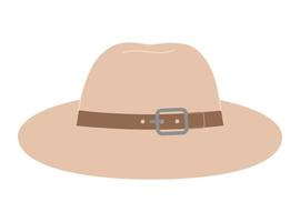 Straw or felt beige hat with brown belt shaped ribbon. Vector flat illustration in simple style isolated on white background