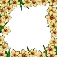 Drawing cartoon flowers daffodils in a circle with leaves. social media template, advertising, background. vector