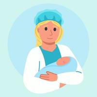 Portrait Of Midwife, Nurse, Nunny With Newborn Baby, Vector Flat Style Illustration